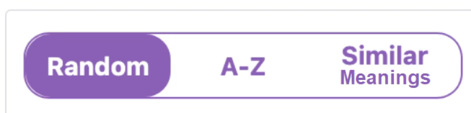 Random, A-Z, and Similar Meanings sorting buttons for organizing word groups on Colwords