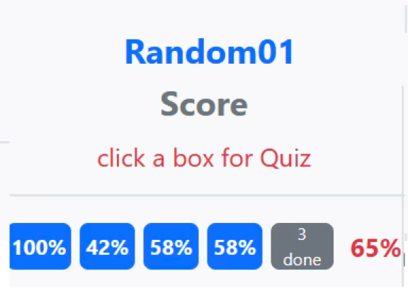 Quiz progress tracker showing score per page and overall percentage for each word group