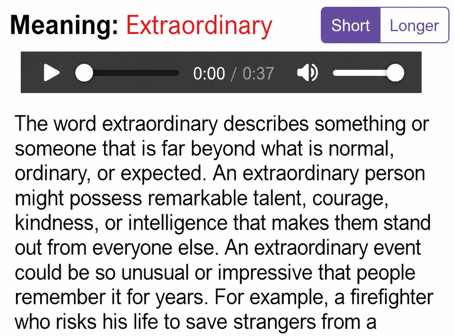 Definitions panel with paragraphs explaining the meaning of a word, with audio