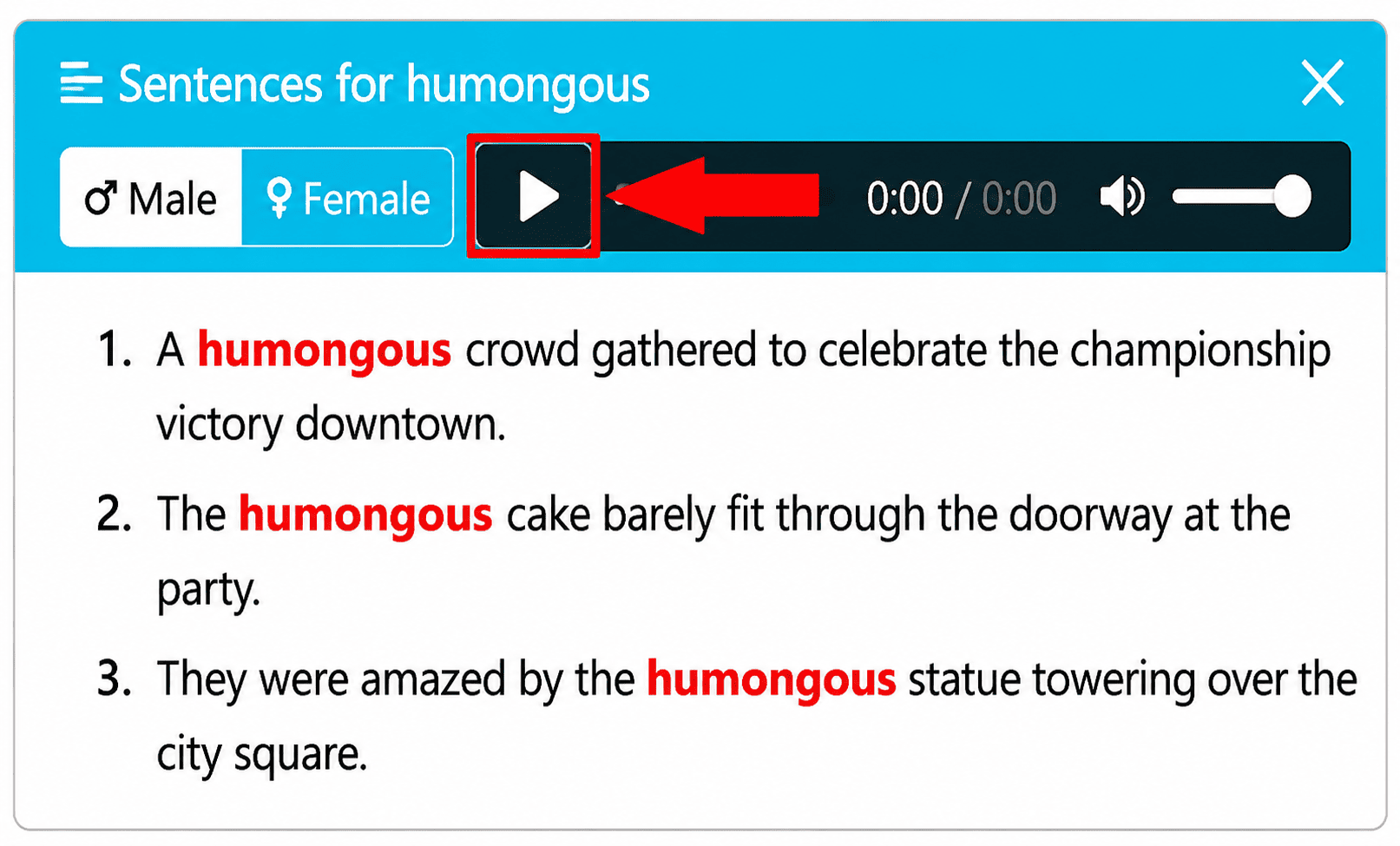 Sentences panel showing 20 example sentences for a word with an audio player