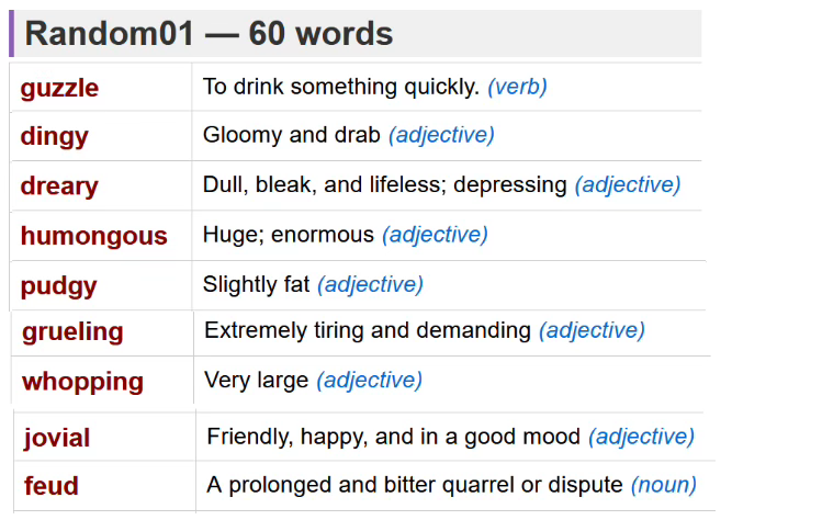 Printable table listing the words and definitions for the current group