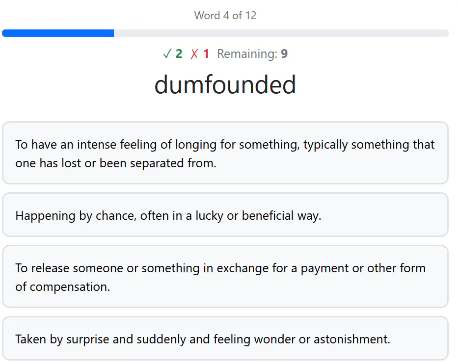 Colwords quiz testing 12 words at a time to build long-term memory